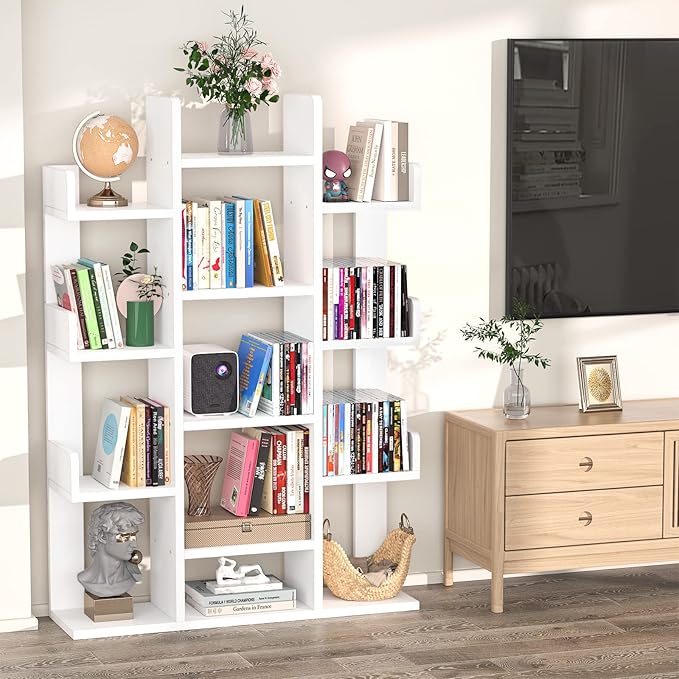 Aheaplus Bookshelf, Tree-Shaped Bookcase Storage Shelf with 13 compartments, Books Organizer Display Cube Shelves, Industrial Free Floor Standing Wood Open Bookshelves for Home, White - LeafyLoom