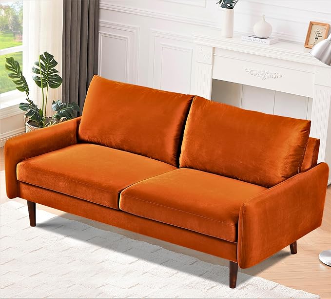 US Pride Furniture Kent Modern Velvet Sofa, Comfortable 3 Seater Couch for Living Rooms and Small Spaces, Ideal Studio Apartment Furniture with Sleek Design, Orange - LeafyLoom