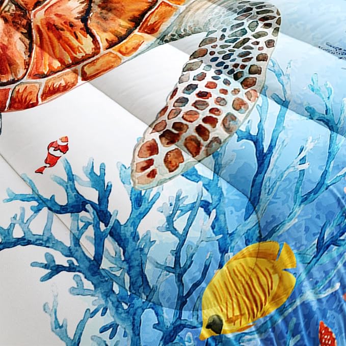 CVHOUSE Sea Turtle Comforter Set,Ocean Watercolor Sea Turtle Bedding Set for Kids Teens,Ocean Sea Turtle Comforter Sea Turtle Duvet Set Room Decor Quilt Set Queen Size - LeafyLoom