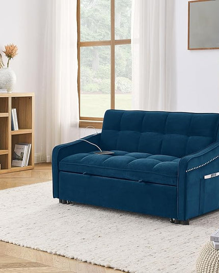 Functional Love Seat Sofabed W/TypeC & USB Port and Copper Nail Decor, Modern Loveseat Sofa Convertible Pull Out Sleeper Couch Bed for Apartment Office Living Room, 53.", Blue-1413 - LeafyLoom
