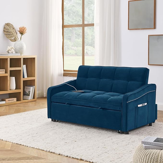 Functional Love Seat Sofabed W/TypeC & USB Port and Copper Nail Decor, Modern Loveseat Sofa Convertible Pull Out Sleeper Couch Bed for Apartment Office Living Room, 53.", Blue-1413 - LeafyLoom