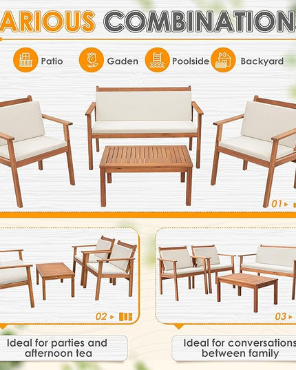 Greesum 4 Piece Bistro Patio Furniture Outdoor Chat Chair Set with Water Resistant Cushions and Coffee Table for Beach Backyard Garden, Acacia Wood - LeafyLoom