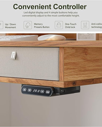 BANTI Height Adjustable Electric Standing Desk with 4 Drawers, 55 x 24 Inch Table with Storage Shelf, Sit Stand Desk, Light Rustic Brown Top - LeafyLoom