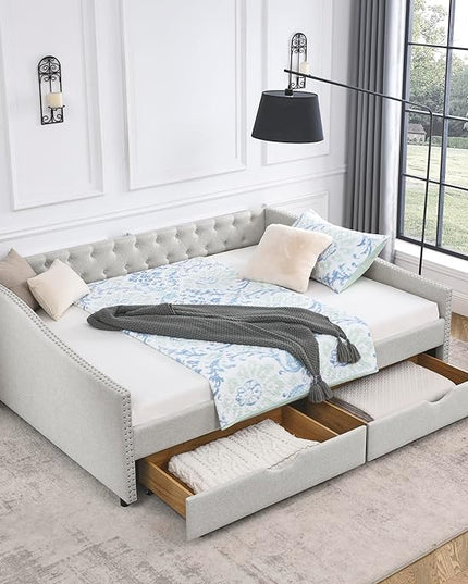 Queen Size Daybed with Drawers Upholstered Tufted Sofa Bed,with Button on Back and Copper Nail on Waved Shape Arms,for Small Space,Bedroom,Livingroom, Beige (84.5"x63.5"x26.5") - LeafyLoom