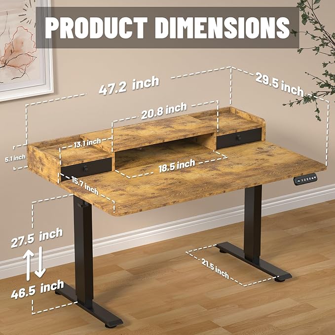 48×30 Inch Electric Standing Desk with 2 Drawers, Adjustable Height Widened Stand Up Desk with Storage Shelf, Sit to Stand Ergonomic Workstation for Home Office - LeafyLoom