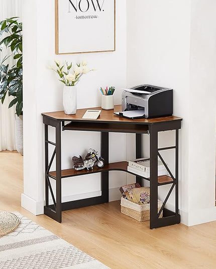 VECELO Corner Computer Desk 41 x 30 inches with Smooth Keyboard & Storage Shelves for Home Office Workstation, Teakwood Brown - LeafyLoom