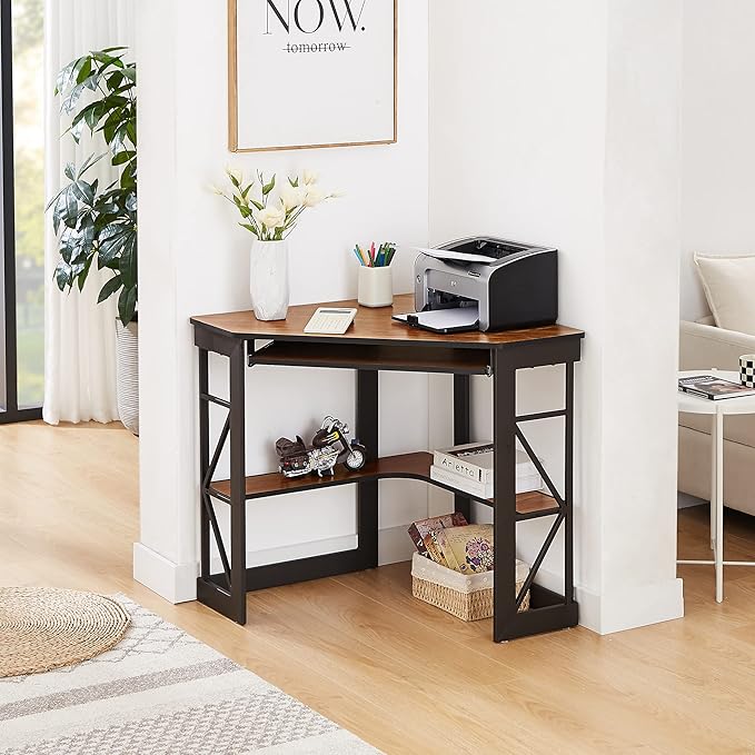 VECELO Corner Computer Desk 41 x 30 inches with Smooth Keyboard & Storage Shelves for Home Office Workstation, Teak - LeafyLoom