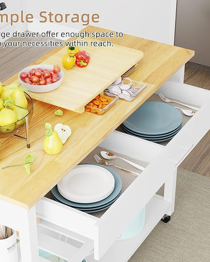 Shintenchi Kitchen Island Cart with Storage,Rolling Kitchen Island Side Table on Wheels with Large Worktop,Storage Cabinet,Towel Rack,Drawers and Open Shelves for Kitchen,Dinning Room,White - LeafyLoom