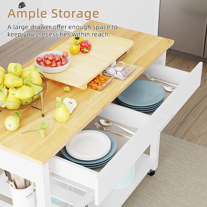 Shintenchi Kitchen Island Cart with Storage,Rolling Kitchen Island Side Table on Wheels with Large Worktop,Storage Cabinet,Towel Rack,Drawers and Open Shelves for Kitchen,Dinning Room,White - LeafyLoom