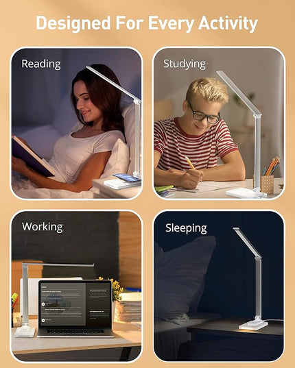 LED Desk Lamp, Desk Lamp with Wireless Charger, Dimmable Eye-Caring Table Lamps with Night Light, USB Charging Port, 4 Color Modes, 4 Brightness Levels, Memory Function, Desk Light for Home Office - LeafyLoom