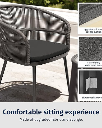 EAST OAK 3-Piece Patio Bistro Set, Patio Conversation Bistro Set with 2 Wide Ergonomic Chairs, Cushions & Glass Top Side Table, Outdoor All-Weather Wicker Furniture for Porch, Gray & Dark Gray - LeafyLoom
