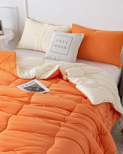 COTTEBED Reversible Softness Bright Orange and Beige King Size Comforter Set Clearance, Jersey Knit T-Shirt Feel California King Cozy Bedding Down Blanket Quilt & Pillowsham for Women Men All Season - LeafyLoom