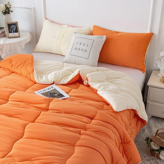 COTTEBED Reversible Softness Bright Orange and Beige King Size Comforter Set Clearance, Jersey Knit T-Shirt Feel California King Cozy Bedding Down Blanket Quilt & Pillowsham for Women Men All Season - LeafyLoom
