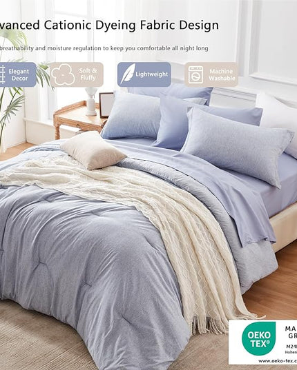 UNILIBRA 7 Pieces Bed in a Bag Full Size Comforter Sets, Blue Full Bed Set Soft for All Seasons - Cationic Dyeing Bedding Set with Comforter, Flat Sheet, Fitted Sheet, Pillowcases & Shams - LeafyLoom