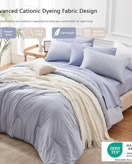 UNILIBRA Queen Comforter Set 7 Pieces Bed in a Bag - Blue Queen Soft Bed Set for All Seasons - Cationic Dyeing Bedding Comforter Sets with Comforter, Flat Sheet, Fitted Sheet, Pillowcases & Shams - LeafyLoom