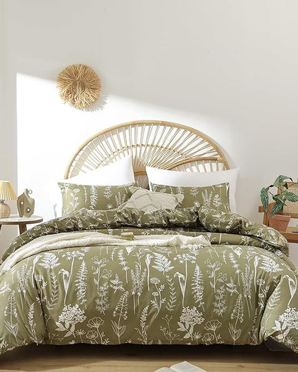 JANZAA Queen Olive Green ,3 PCS Bedding Floral Plant Flowers Printed on Green Comforter Set - LeafyLoom