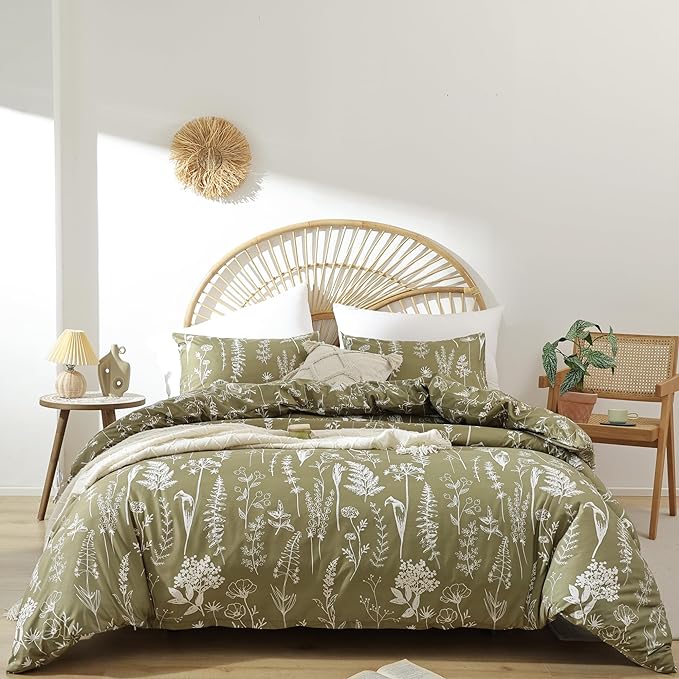 JANZAA Queen Olive Green ,3 PCS Bedding Floral Plant Flowers Printed on Green Comforter Set - LeafyLoom