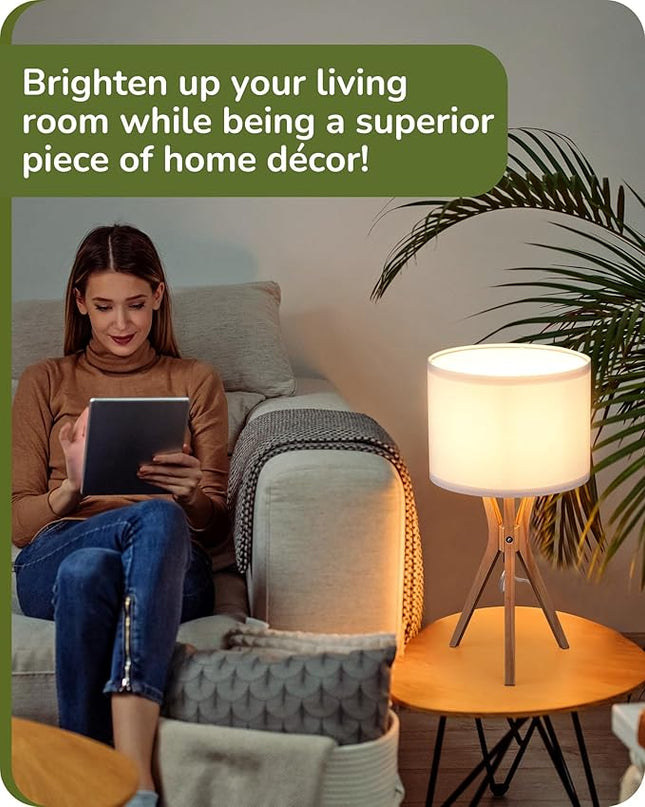 EDISHINE Modern Tripod Table Lamp, 17.5" Bedside Lamp with Natural Wood Light Legs & White Linen Lampshade, Nightstand Lamp for Bedroom, Living Room, Reading Room, E26 Base - LeafyLoom