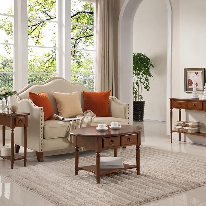 Leick Coastal Oval Coffee Table with Shelf, Pecan - LeafyLoom