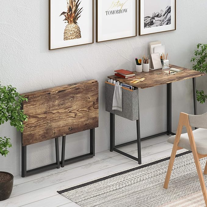 4NM 31.5" Small Desk with Storage Bag, Simple Assembly Folding Computer Desk Home Office Desk Study Writing Table for Small Space Offices - Rustic Brown and Black - LeafyLoom