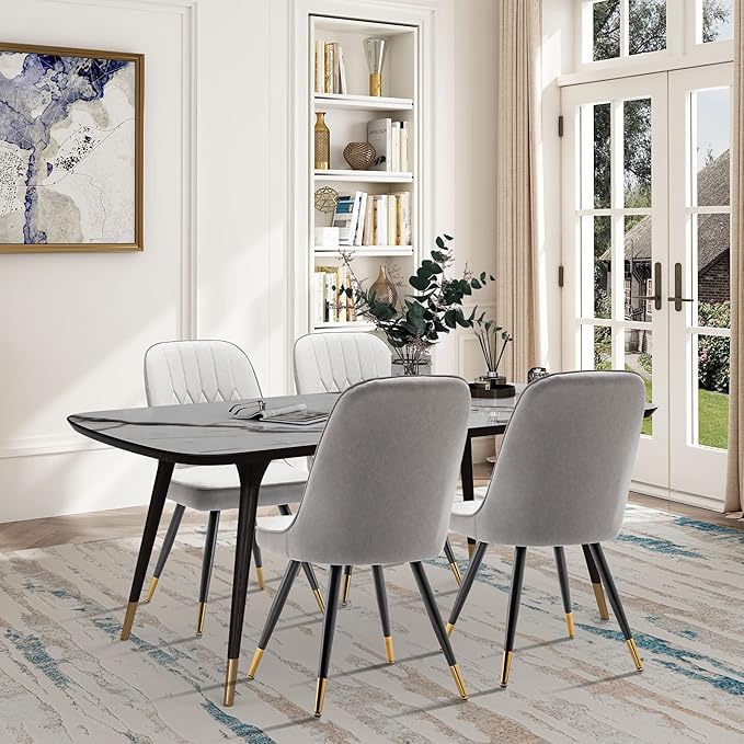 Alunaune Modern Dining Chairs Set of 2 Upholstered Kitchen Chairs Accent Chair, Mid Century Armless Leisure Chair Living Room Faux Leather Desk Side Chair with Gold Metal Legs-Ivory Grey - LeafyLoom