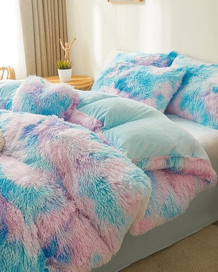 Tie dye Blue Plush Fluffy Comforter Cover Set Queen - Ultra Soft Faux Fur tie dye Bedding Sets 3 Pieces (1 Shaggy Duvet Cover + 2 Pillow case) Fluffy Bed Set (Tie Dye Blue, Queen) - LeafyLoom