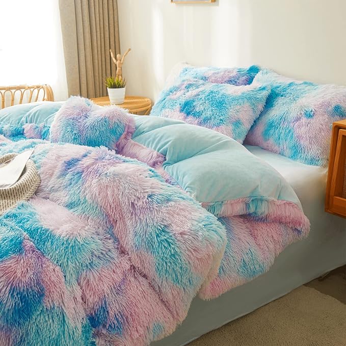 Tie dye Blue Plush Fluffy Comforter Cover Set Queen - Ultra Soft Faux Fur tie dye Bedding Sets 3 Pieces (1 Shaggy Duvet Cover + 2 Pillow case) Fluffy Bed Set (Tie Dye Blue, Queen) - LeafyLoom