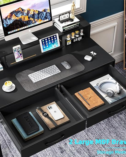 Computer Desk with Drawers, 47" Home Office Desk with Monitor Shelf, Writing Desk with Storage, Gaming Desk Work Desk Study Desk for Bedroom, Black - LeafyLoom