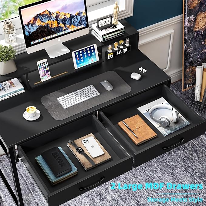 Computer Desk with Drawers, 47" Home Office Desk with Monitor Shelf, Writing Desk with Storage, Gaming Desk Work Desk Study Desk for Bedroom, Black - LeafyLoom