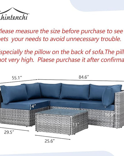Shintenchi 5 Pieces Outdoor Patio Sectional Sofa Couch, Silver Gray PE Wicker Furniture Conversation Sets with Washable Cushions & Glass Coffee Table for Garden, Poolside, Backyard (Aegean Blue) - LeafyLoom