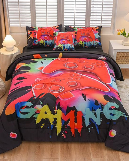 Aimuan Gamer Gaming Bedding Sets 3D Gamepad Comforter Sets for Boys Games Console Action Buttons Novelty Colorful Game Controller Modern Room Decor Home Quilt Set (Black, Twin 6PCS) - LeafyLoom