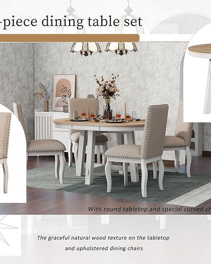NicBex Round Dining Table Dining Room Set 5-Piece Farmhouse Dining Table Set Wood Round Extendable Dining Table and 4 Upholstered Dining Chairs for Set, Oak Natural Wood + Antique White - LeafyLoom