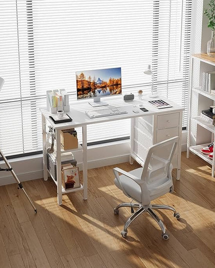 Lufeiya White Computer Desk with Drawers & Storage Shelves, 47 Inch Study Work Writing Desk for Home Office Bedroom, Simple Modern Cute PC Desks Table, White - LeafyLoom