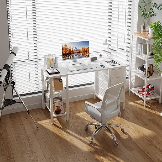 Lufeiya White Computer Desk with Drawers & Storage Shelves, 47 Inch Study Work Writing Desk for Home Office Bedroom, Simple Modern Cute PC Desks Table, White - LeafyLoom