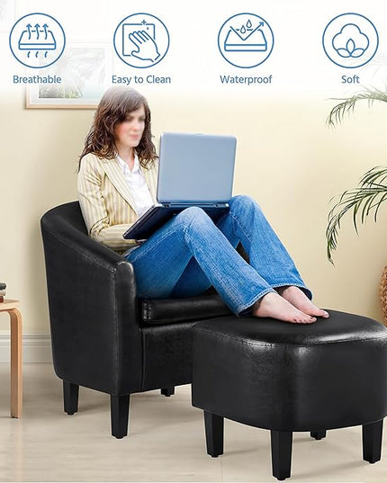 Yaheetech Accent Chair with Ottoman Set, Modern Faux Leather Upholstered Soft Barrel Chair and Footrest, Club Armchair and Footstool for Living Room/Bedroom/Reading Room/Guest Room, Black - LeafyLoom