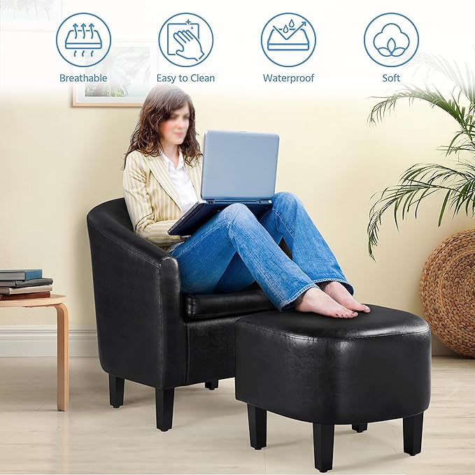 Yaheetech Accent Chair with Ottoman Set, Modern Faux Leather Upholstered Soft Barrel Chair and Footrest, Club Armchair and Footstool for Living Room/Bedroom/Reading Room/Guest Room, Black - LeafyLoom