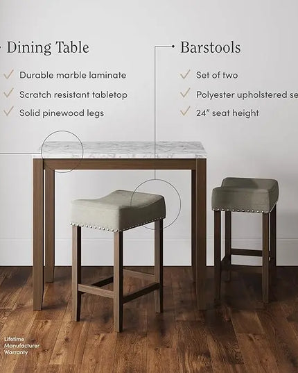 Nathan James Viktor 3 Piece Dining Set, Heigh Kitchen Counter Pub or Breakfast Table with Marble Top and Fabric Wood Base Seat, Gray/Dark Brown - LeafyLoom