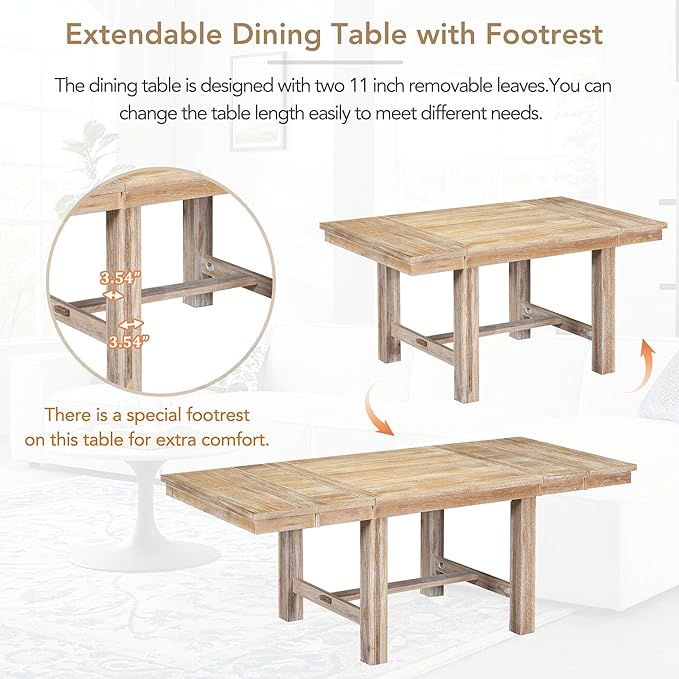6-Piece Wood 82inch Extendable Dining Table Set with Two 11" Removable Leaves, 4 Upholstered Chairs and Bench, Farmhouse Style, Natural, 60"-82" L x 36" W x 30" H - LeafyLoom