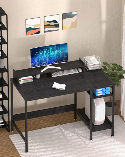 Computer Desk - 38” Gaming Desk, Home Office Desk with Storage, Small Desk with Monitor Stand, Writing Desk for 2 Monitors, Adjustable Storage Space, Modern Design Corner Table, Black. - LeafyLoom