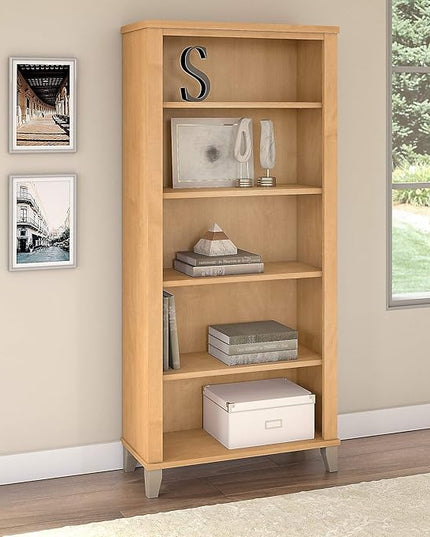 Bush Furniture WC81465 Tall 5 Shelf Bookcase | Large Open Bookshelf | Display Cabinet for Library, Living Room, and Home Office, 30W x 13D x 65H, Maple Cross - LeafyLoom