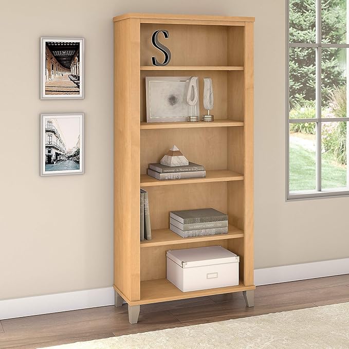 Bush Furniture WC81465 Tall 5 Shelf Bookcase | Large Open Bookshelf | Display Cabinet for Library, Living Room, and Home Office, 30W x 13D x 65H, Maple Cross - LeafyLoom