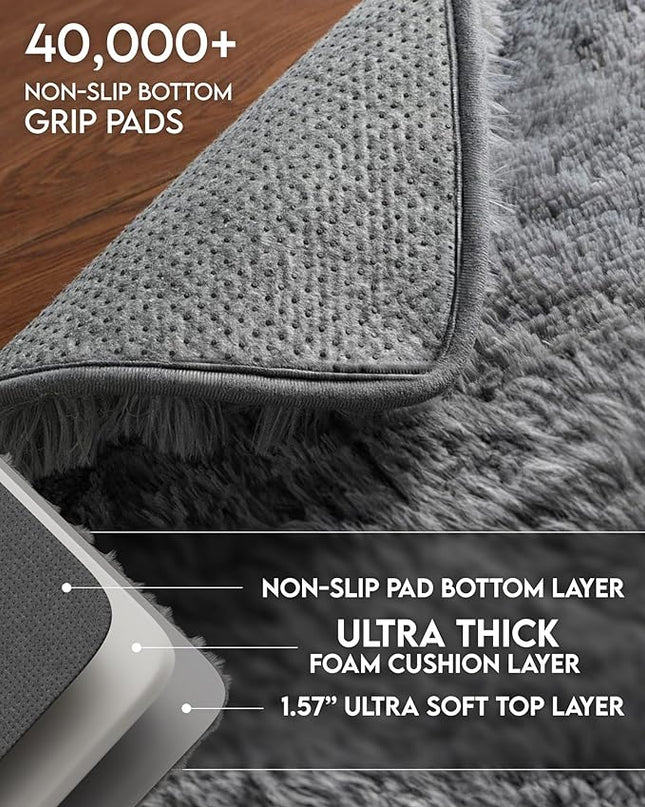 Ophanie Grey Machine Washable 3 x 5 Feet Rugs for Bedroom, Fluffy Shaggy Bedside Floor Dorm Area Rug, Soft Fuzzy Non-Slip Indoor Room Carpet for Kids Boys Girls Teen Home Decor Aesthetic, Nursery - LeafyLoom