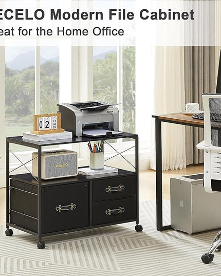 VECELO Fabric Lateral Filing Cabinet Rolling Printer Fits Letter Size, 3 Drawers Mobile Stand with Open Storage Shelf,for Home Office,Vintage Black - LeafyLoom