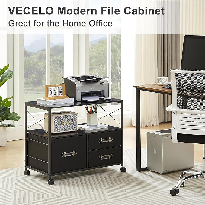 VECELO Fabric Lateral Filing Cabinet Rolling Printer Fits Letter Size, 3 Drawers Mobile Stand with Open Storage Shelf,for Home Office,Vintage Black - LeafyLoom