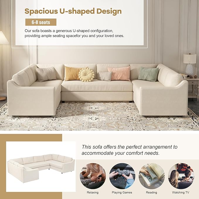 Modern U Shaped, Oversized 3 Piece Modular Sectional 6-8 Persons,Living Room Thick Seat and Back Cushions,Sofas & Couches for Apartment,Office,Gray, Beige-B - LeafyLoom