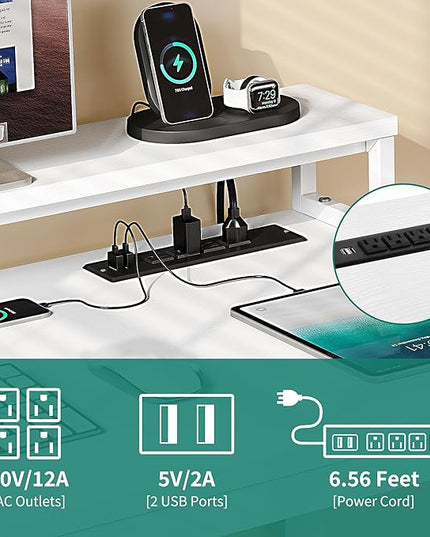 YITAHOME L Shaped Desk with Drawers, 55" Corner Computer Desk with Power Outlets, L-Shaped Desk with LED Lights & File Cabinet for Home Office, White - LeafyLoom