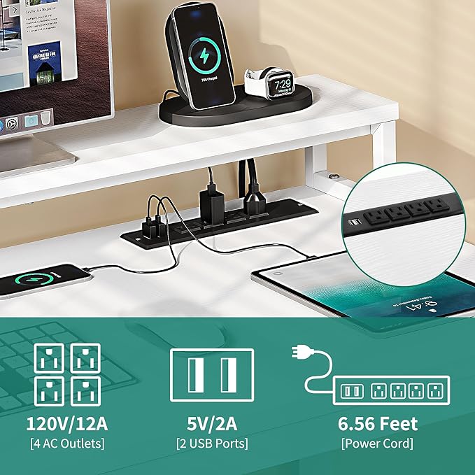 YITAHOME L Shaped Desk with Drawers, 55" Corner Computer Desk with Power Outlets, L-Shaped Desk with LED Lights & File Cabinet for Home Office, White - LeafyLoom