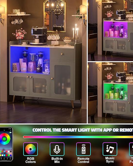 Cyclysio Sideboard Buffet Cabinet with Power Outlet, Kitchen Cabinet with LED Lights, Large Bar Cart Accent Buffet Cabinet with Door for Bedroom, Living Room, Kitchen, Hallway, Cyan - LeafyLoom