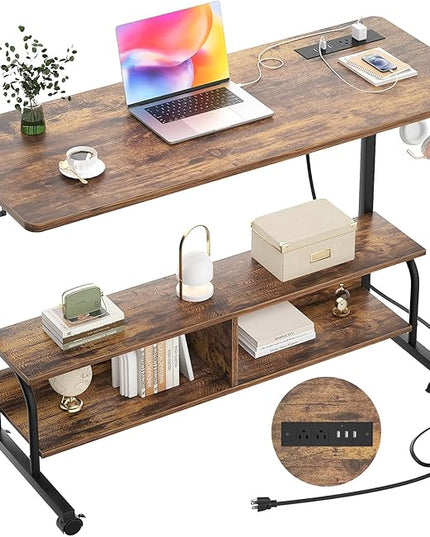 Height Adjustable Standing Desk with Power Outlets, 47" Manual Stand Up Desk with Storage Shelves Small Mobile Rolling Computer Desk Portable Laptop Table with Wheels for Home Office, Rustic - LeafyLoom