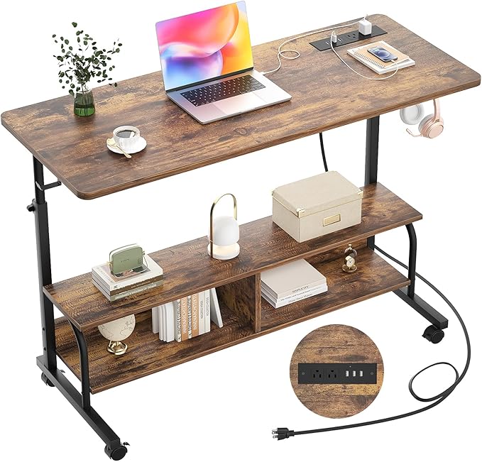 Height Adjustable Standing Desk with Power Outlets, 47" Manual Stand Up Desk with Storage Shelves Small Mobile Rolling Computer Desk Portable Laptop Table with Wheels for Home Office, Rustic - LeafyLoom